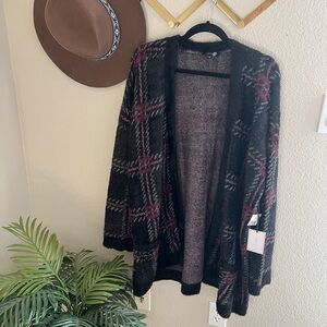 1State black purple plaid fuzzy oversized cozy cardigan sweater coat lounge